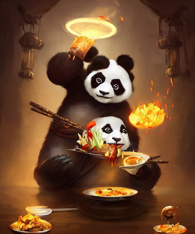 a portrait an anthropomorphic panda mage eating chinese food, wearing mage robes, restaurant in background, cute and adorable, dnd character art portrait, well rendered matte fantasy painting, deviantart artstation, by jason felix by steve argyle by tyler jacobson by peter mohrbacher, cinematic lighting 