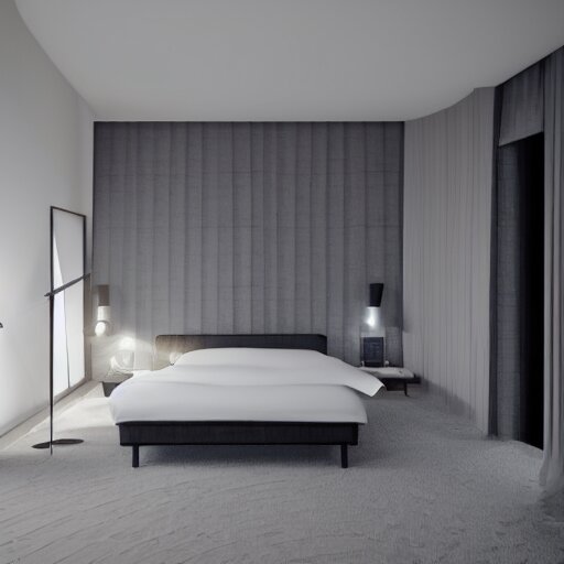 symmetry, parallax mapping of brutalist bedroom, minimalist architecture, minimalist furniture, octane render, high quality 