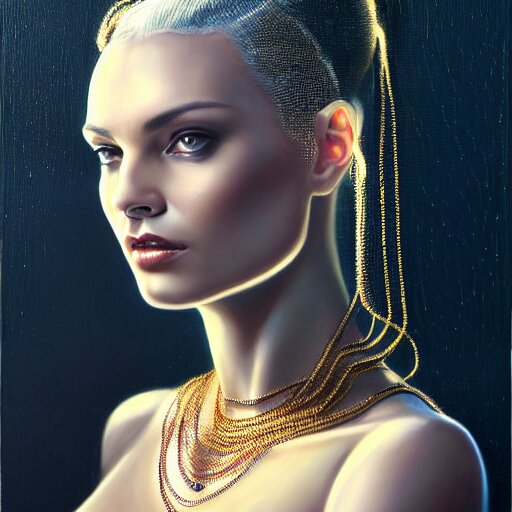 Facial portrait of a gorgeous cyberpunk girl, looking away from the camera, seductive smile, gold jewellery, elegant revealing intricate dress, sparkle in eyes, lips slightly parted, long flowing hair, no hands visible, diamonds, science fiction, delicate, teasing, arrogant, defiant, bored, mysterious, intricate, extremely detailed painting by Mark Brooks (and by Greg Rutkowski), visible brushstrokes, thick paint visible, no light reflecting off paint, vibrant colors, studio lighting