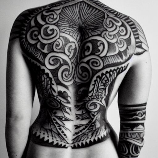 a tattoo written in text sanskrit on back of beautiful muscular women by famous tattoo artist black and white 8 k 