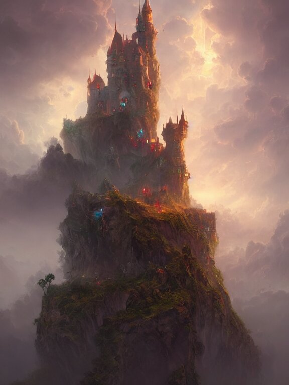 photo of 8k ultra realistic castle on cliff surrounded by swirling clouds and lighting, dark, menacing, full of colour, cinematic lighting, battered, trending on artstation, 4k, hyperrealistic, focused, extreme details,unreal engine 5, cinematic, masterpiece, art by Peter Mohrbacher