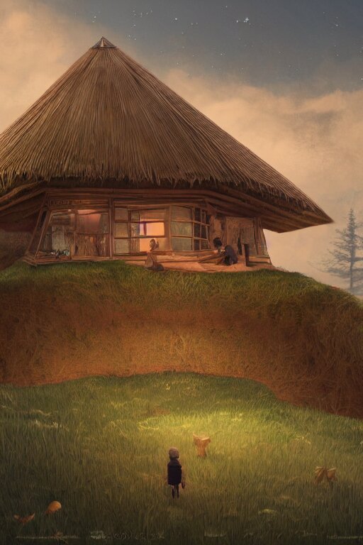 an awesome twilight day concept art of old hut standing at giant hen's legs, by kengo kuma and wes anderson with village, mixed development, cgsociety, fantastic realism, artstation hq 