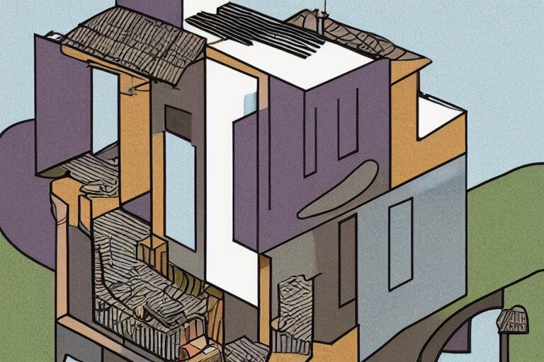 a beautiful flat 2 dimensional illustration of a cross section of a house, view from the side, a storybook illustration by muti, colorful, minimalism, featured on dribble, unique architecture, behance hd, dynamic composition 