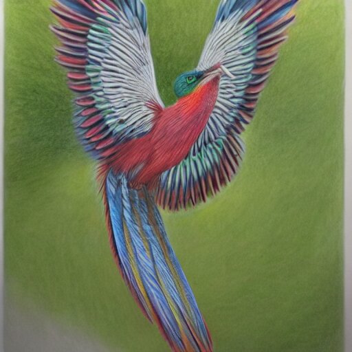 a color pencil drawing of a quetzal by natalia rojas and ana maria martinez jaramillo, pastel colors, in the style of wingspan artworks, realistic graphite, high quality, artstation, 4 k, realism, photorealism, extremly fine art 