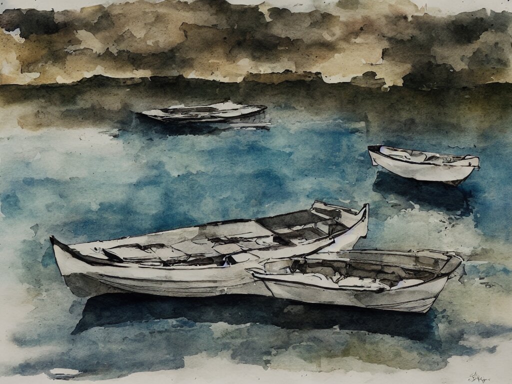 a boat is parked on the lake, there is only one person on the boat fishing, cinematic landscape ， natural light, ink painting 