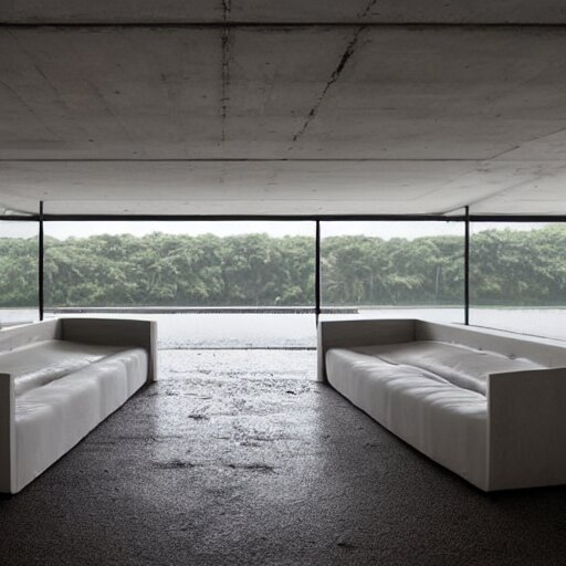 upholstered sofas fluorescent ceiling lighting rectangular water pond in a large minimalistic concrete rectangular room with no windows, a tilt shift photo by leandro erlich, featured on cg society, kitsch movement, hall of mirrors, high dynamic range, studio portrait 