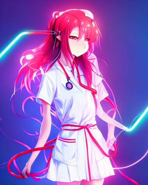 anime style, vivid, expressive, full body, 4 k, painting, a cute magical girl with a long wavy hair wearing a nurse outfit, correct proportions, realistic light and shadow effects, neon lights, centered, simple background, studio ghibly makoto shinkai yuji yamaguchi 