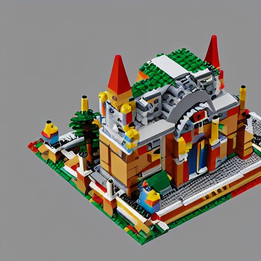 isometric view of a lego church, lego bricks, model church, geometric isometric view 