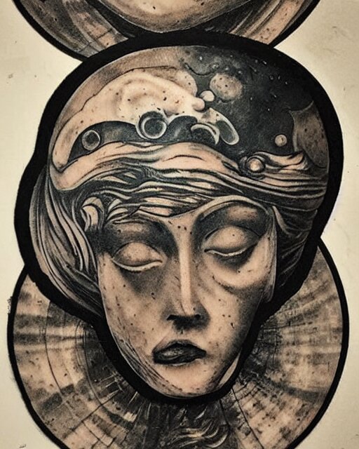 planets on the top of a broken renaissance head statue, realism tattoo design, in the style of matt jordan 