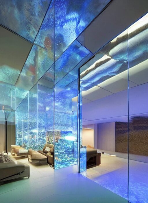 a futuristic sci - fi underwater home with mirrored walls, dreamatic lighting 