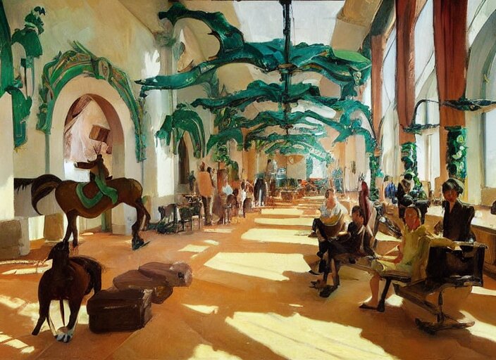 main hall with horse statues, green and brown decorations by studio ghibli painting, by joaquin sorolla rhads leyendecke 