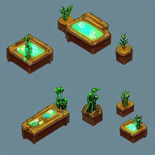 concept art 2 d game asset of furniture with an organic isometric design based on bioluminescent alien - like plants inspired by the avatar's bioluminescent alien nature. around the furniture, we can see plants that glow in the dark. all in isometric perspective and semi - realistic style item is in a black background 