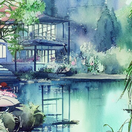 Beautiful happy picturesque charming sci-fi town in harmony with nature. Beautiful light. Water and plants. Nice colour scheme, soft warm colour. Beautiful detailed artistic watercolor by Vincent. (2022)