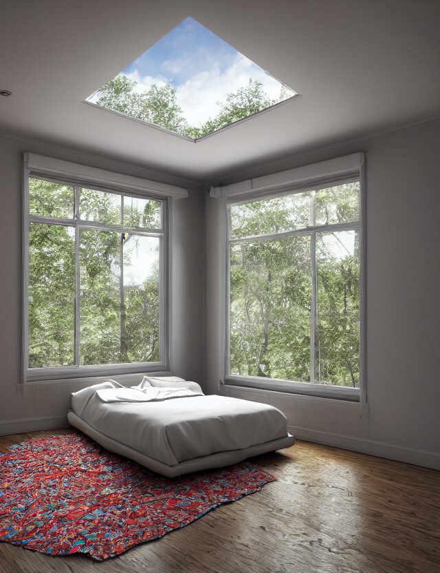 an ultra wide angle photo of a bed hovering above the floor in the middle of a giant tesselating bedroom with windows opening to other worlds by casey weldon!!!! and lee madgewick and m. c. escher, photorealistic, octane render, recursive!!!!, flowing, cascading, multiverse!!!!!!, labyrinthine 