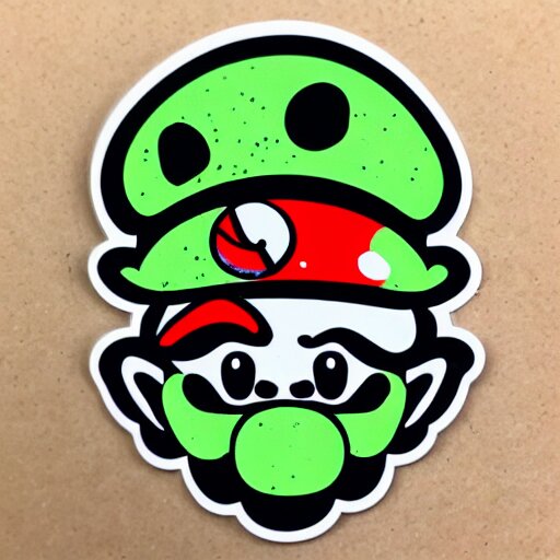 die cut sticker, yoshi wearing mario's mustache, splatter paint 