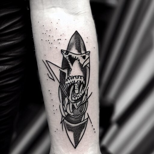 flash tattoo of skeleton riding rocket in the shape of shark, black and white by sailor jerry, curt montgomery, bangbangnyc, ryan ashley, killkenny 