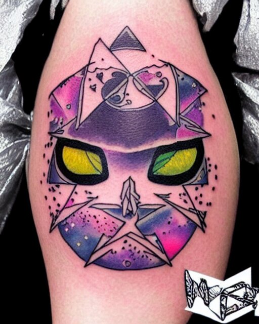 “a beautiful tattoo design with a vaporwave theme featuring a ghostly female face, an alchemical symbol, winamp ui and tiny kawaii stars. fine line tattoo design with white background.”