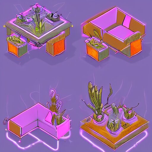 concept art 2 d game asset of furniture with an organic isometric design based on bioluminescent alien - like plants inspired by the avatar's bioluminescent alien nature. around the furniture, we can see plants that glow in the dark. all in isometric perspective and semi - realistic style item is in a black background colorful neons masterpiece 