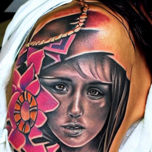 girl with tribal tattoo, realistic detailed shading, photo, robin elay 