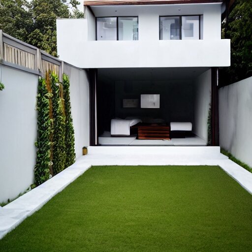 luxury small backyard walls at the sides, modern hut at the back all white, no plants, no grass, brown floor, small pool 