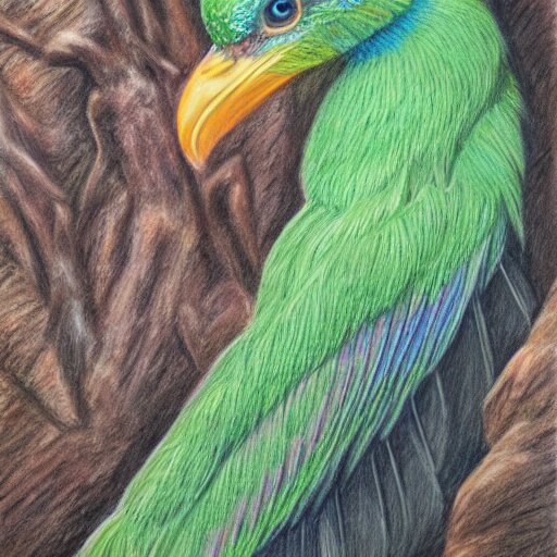 a color pencil drawing of a quetzal by natalia rojas and ana maria martinez jaramillo, pastel colors, in the style of wingspan artworks, realistic graphite, high quality, artstation, 4 k, realism, photorealism, extremly fine art 