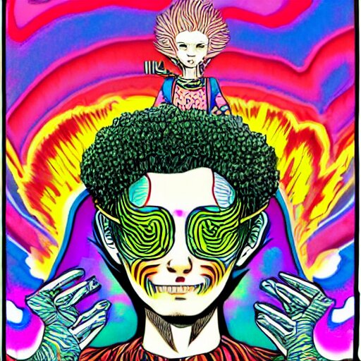 a psychedelic young godlike humanoid, hyper detailed, in the style of rutkowski and junji ito and bob ross and lisa frank, selfie 