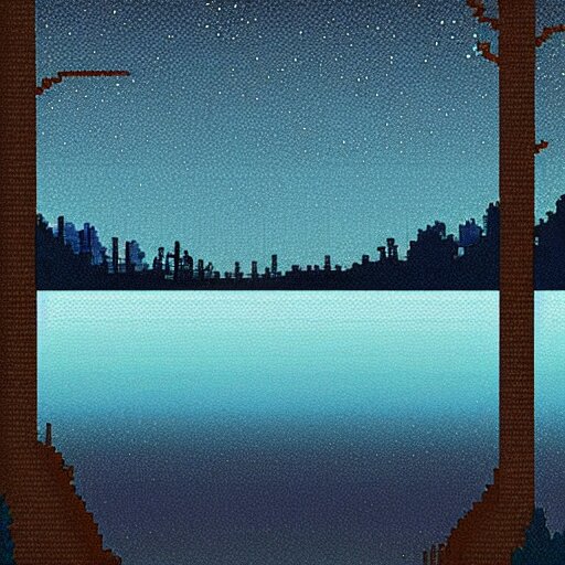 pixel art of a lake at night in a forest, dark blue colors 