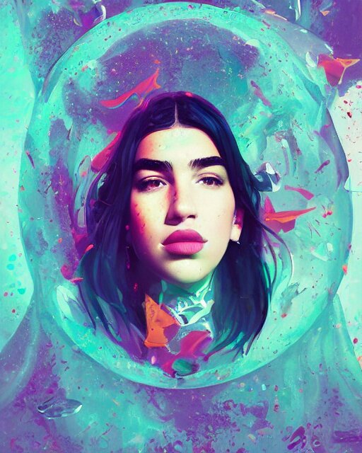 portrait of dua lipa, by petros afshar, sabbas apterus, brian sum, ross tran, shattered glass, bubbly underwater scenery, radiant light