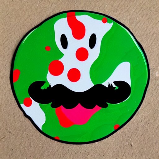 die cut sticker, yoshi wearing mario's mustache, splatter paint 