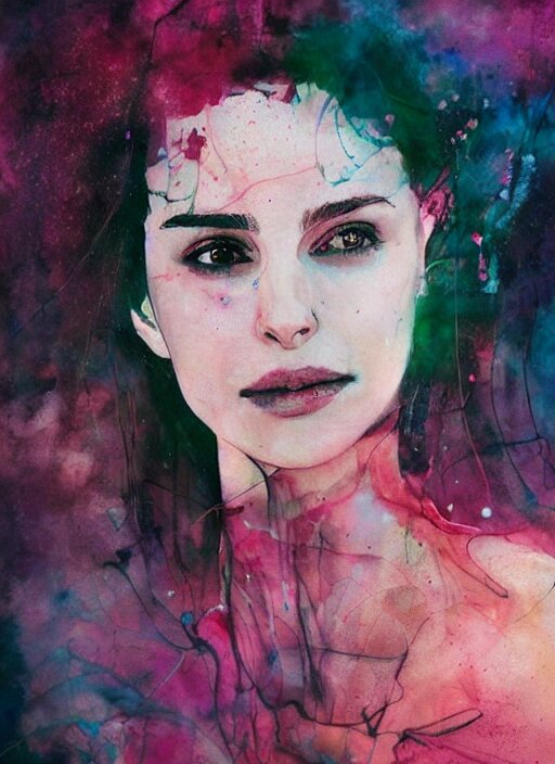 sexy seducing smile nathalie portman yoga pose by agnes cecile, half body portrait, extremely luminous bright design, pastel colours, ink drips, autumn lights 