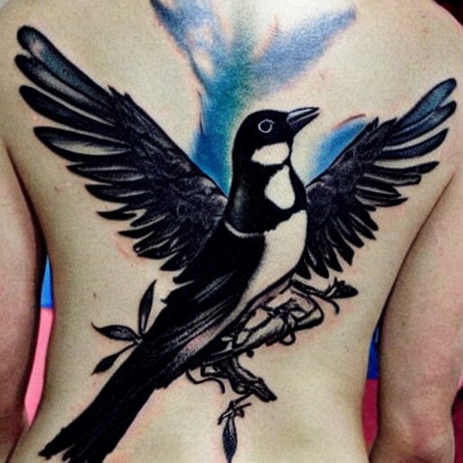 back piece tattoo of a magpie flared out holding a pennant in it's claws, high detail 