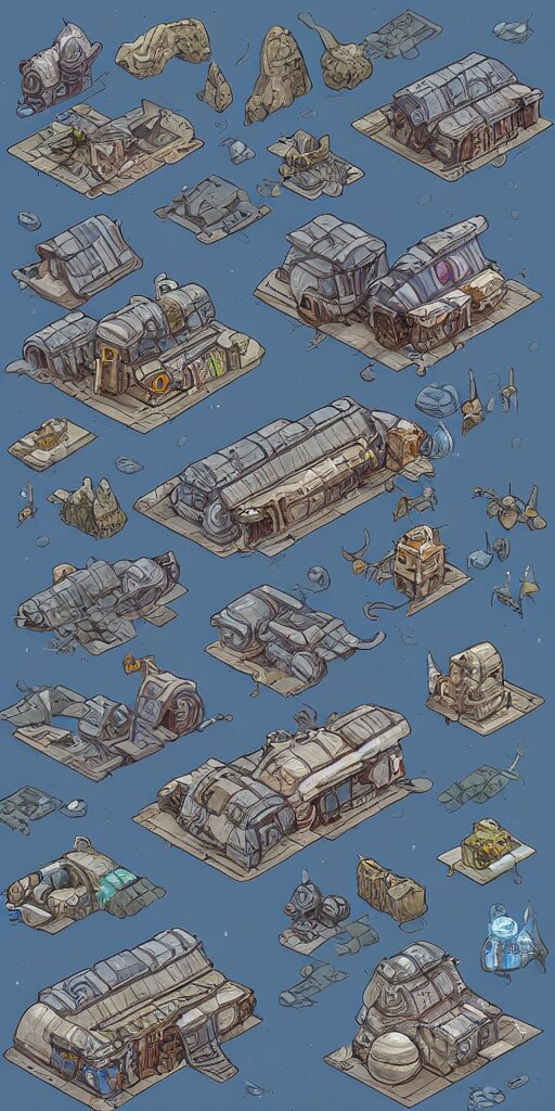 houses and shops with detailed architecture. old wrecked alien spaceships. pixel art asset sheet. isometric perspective. concept art. science fiction. 