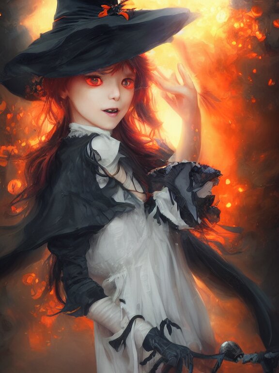 Full shot of a cute mischievous young witch about to get up to some trouble. Latin inspired fashion. Black and Orange palette. By Ruan Jia and Artgerm and Range Murata and WLOP and CLAMP. Key Art. Fantasy Illustration. award winning, Artstation, intricate details, realistic, Hyperdetailed, 8k resolution.