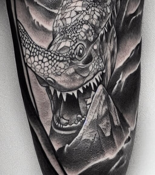 A realistic tattoo design of a giant lizard in the desert on white paper, realism tattoo design, highly detailed tattoo, shaded tattoo, hyper realistic tattoo