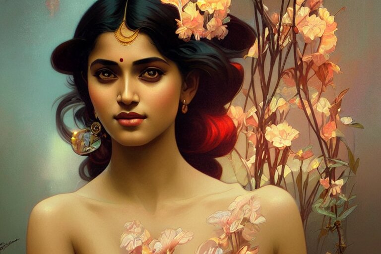 sensual bengali girl, art deco portrait, elegant, intricate, digital painting, artstation, concept art, smooth, sharp focus, illustration, art by artgerm and greg rutkowski and alphonse mucha 