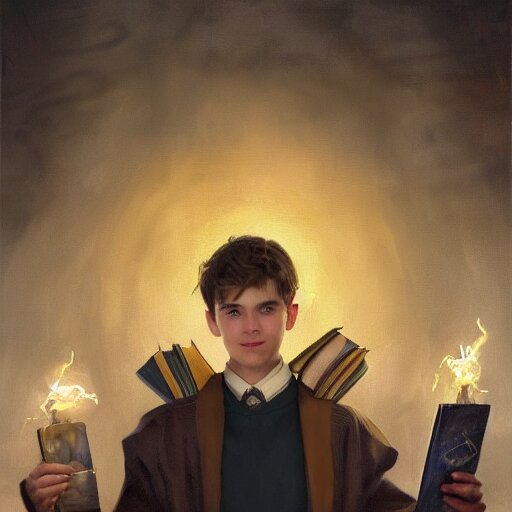 an oil painting of a portrait of a handsome hogwarts boy in hufflepuff holding glowing magic books, fairy tale, dreamy light, by wlop, greg rutkowski, thomas kinkade, super detailed, 3 d, hdr on, 4 k wallpaper 