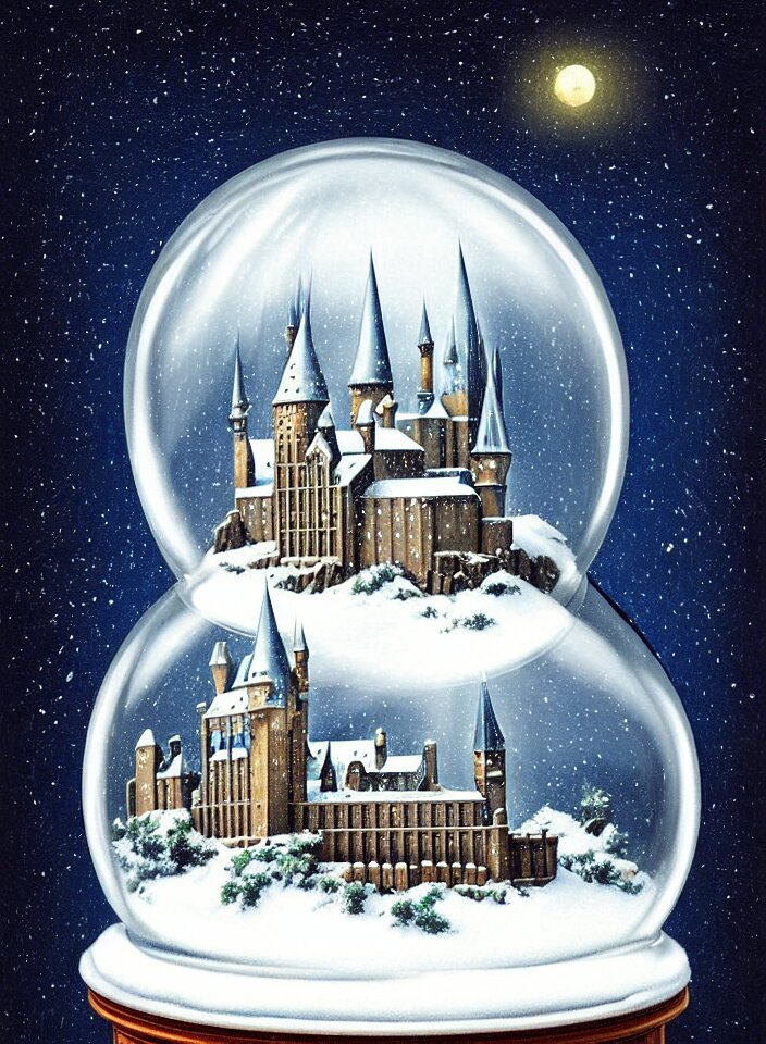 an achingly beautiful print of one snow globe with hogwarts inside by raphael, hopper, and rene magritte. detailed, proportional, romantic, vibrant, enchanting, trending on artstation 