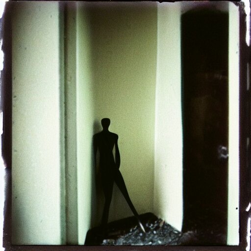 a mannequin at the top of a dark stairwell, abandoned, creepy, eerie, scary, old polaroid, expired film, out or focus, 