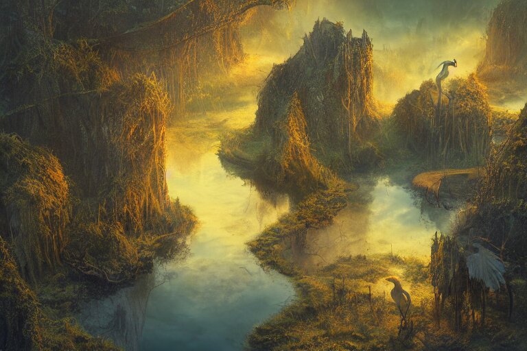 aerial view, fantasy painting, dungeons and dragons, a faerie village hovels, swamp reeds wetland marsh sunset estuary, with ominous shadows, an egret by jessica rossier and brian froud cinematic painting 