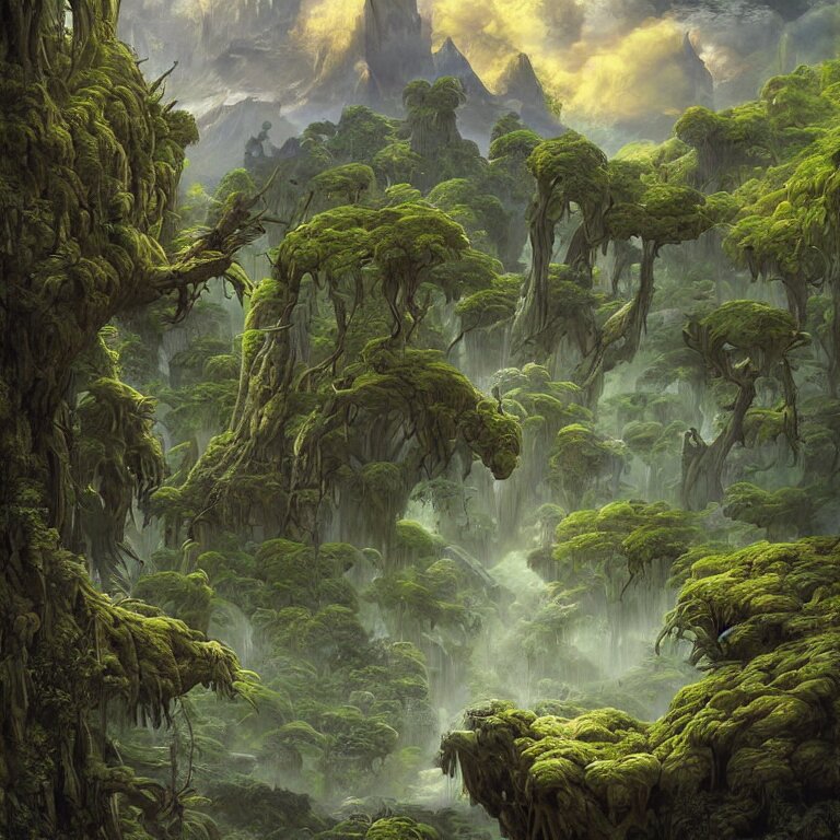 digital painting of a lush natural scene on an alien planet by gerald brom. digital render. detailed. beautiful landscape. wet. 