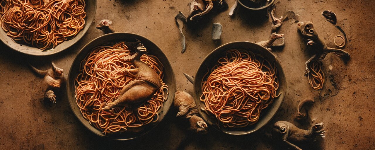 two dinosaurs fighting to the death, inside a bowl of spaghetti, canon 5 0 mm, cinematic lighting, photography, retro, film, kodachrome 