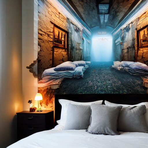 a cozy bedroom interior with wall murals painted by a genius, detailed, high resolution, wow!, intricate, volumetric lighting, raytracing 