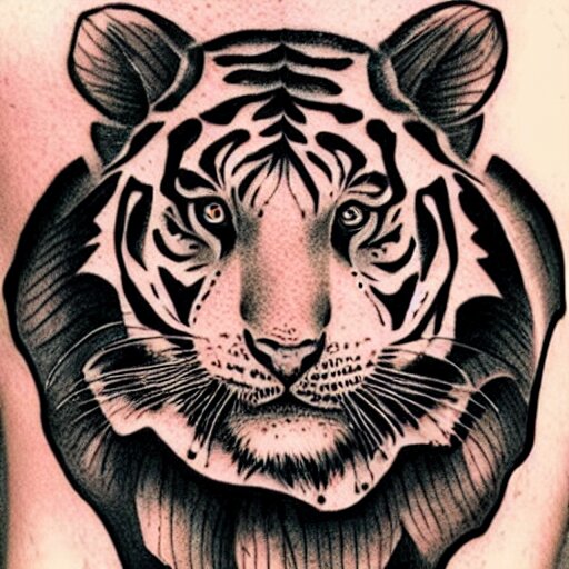 tattoo design of a beautiful girl face, the girl is wearing a tiger head hat, hyper detailed, in the design of eliot kohek 