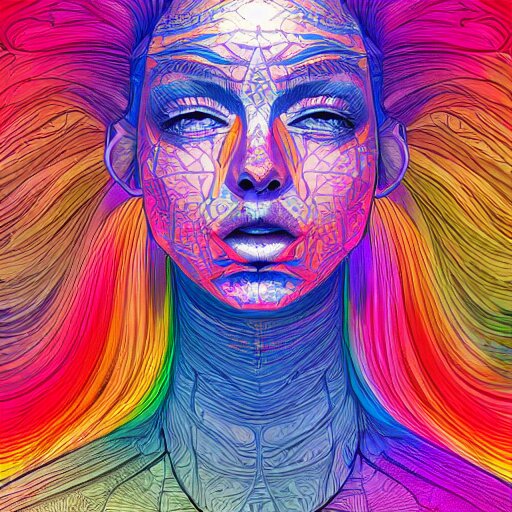 the head of a beautiful rainbow woman, an ultrafine detailed illustration by james jean, final fantasy, intricate linework, bright colors, behance contest winner, vanitas, angular, altermodern, unreal engine 5 highly rendered, global illumination, radiant light, detailed and intricate environment 