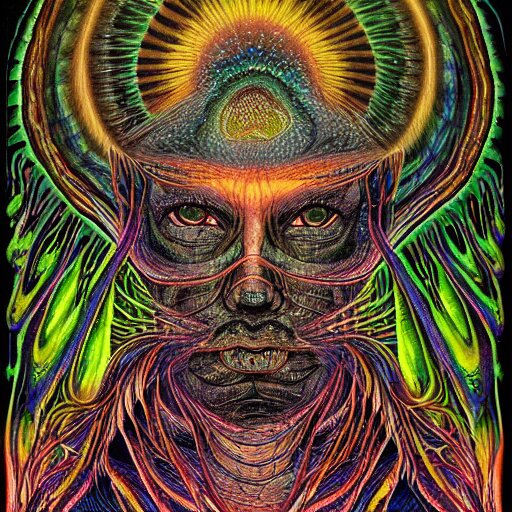 dark portrait of one Bioluminescent old shaman, with cracked reaction diffusion semi-transparent skin. multicolored fish scales, closeup. long dark hair with insects. realistic. intricate, very detailed, by alex grey and Moebius