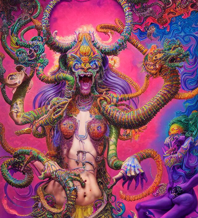 lisa frank blotter acid fantasy character portrait of kali ma, ultra realistic, wide angle, intricate details, dharma artifacts, aum, highly detailed by hr giger, peter mohrbacher, wayne barlowe, boris vallejo, hajime sorayama aaron horkey, gaston bussiere, craig mullins 