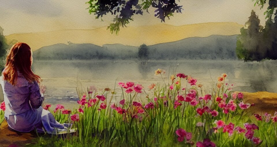 watercolor painting of flowers by the lake, dramatic lighting, peaceful, girl sitting, 