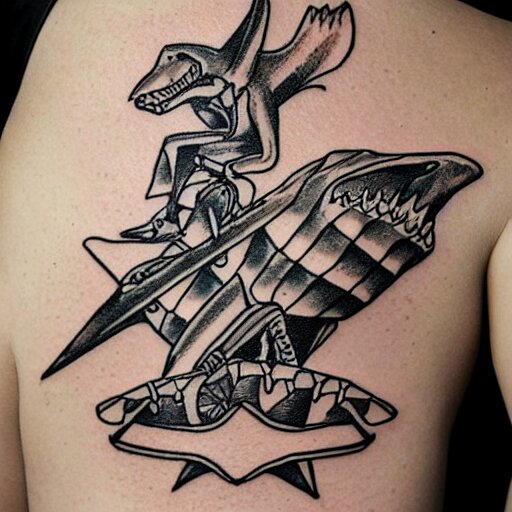 flash tattoo of skeleton riding rocket in the shape of shark, black and white by sailor jerry, curt montgomery, bangbangnyc, ryan ashley, killkenny 