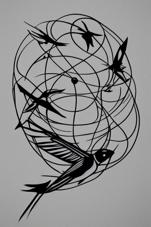 a beautiful swallow tattoo design of minimalist swallows flying into spherical lines and simple basic shapes, black ink, abstract logo, line art 