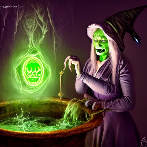 a portrait of a scary ugly witch that is brewing a wicked potion in her cauldron that is marked with magical symbol that are glowing, highly detailed, digital photo, hdri, by christopher bretz and john carpenter, vivid colors, high contrast, 8 k resolution, intricate, photorealistic, smooth, psychedelic color scheme, concept art, award winning, cg society contest winner 